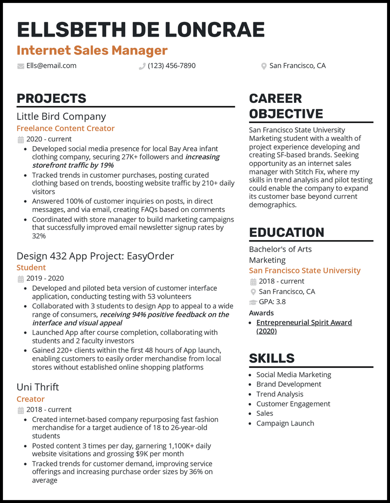 Internet sales manager resume example with no experience