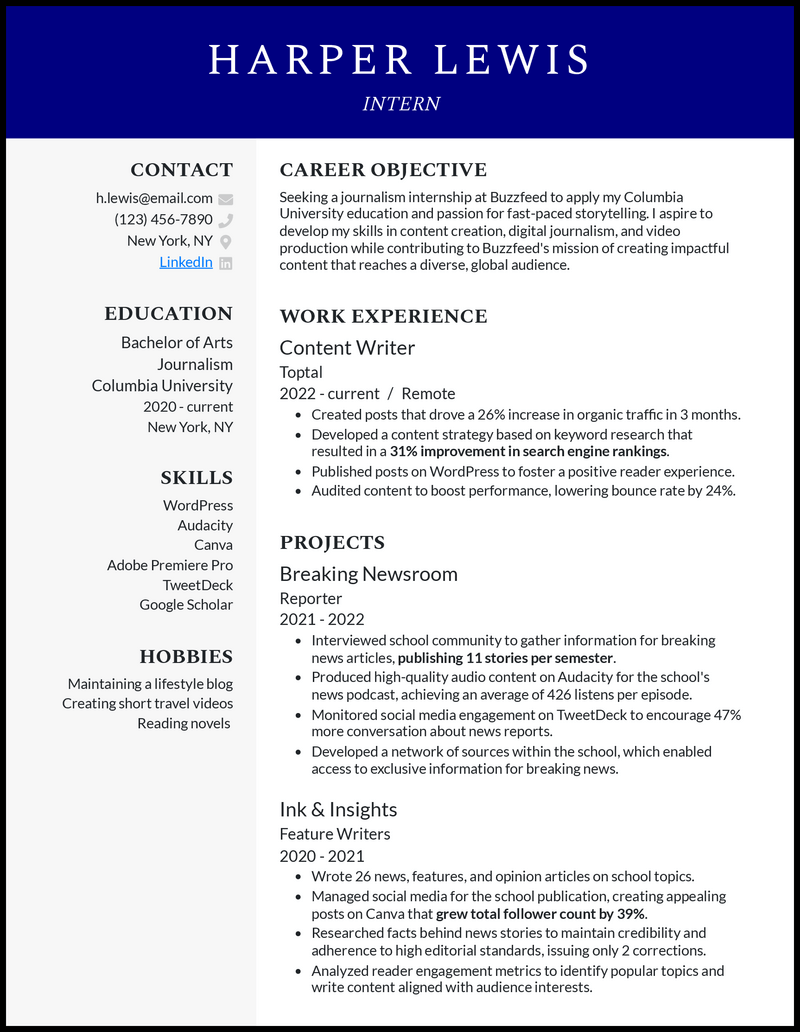 resume for internship