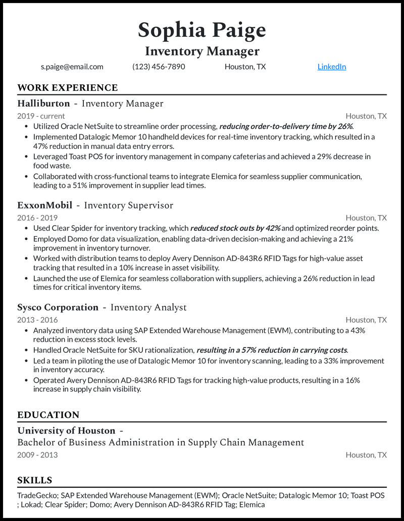 Inventory manager resume example with 10 years of experience