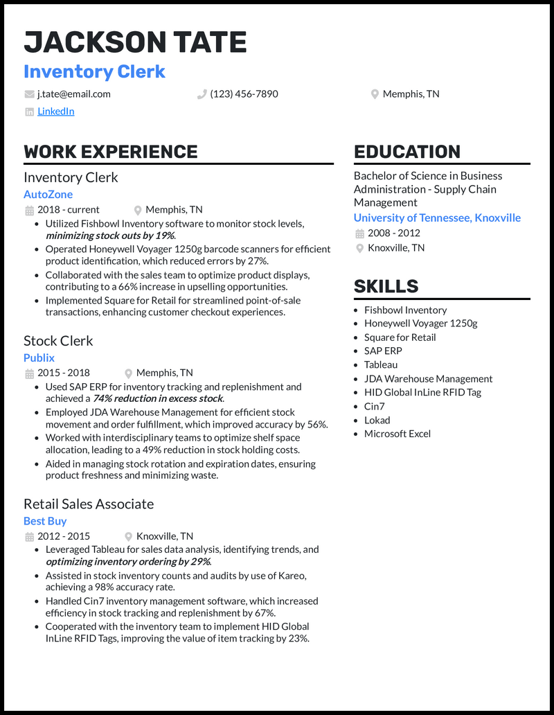 Inventory resume example with 8 years experience