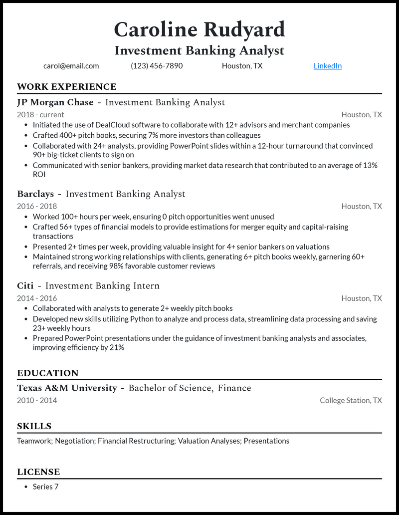 Clean investment banking analyst resume example with 7+ years experience