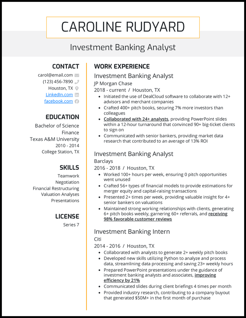 Investment banking analyst resume example with 6 years of experience