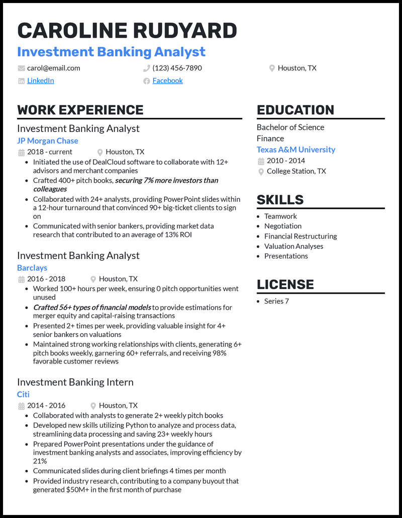 Investment banking analyst resume example with 7+ years experience