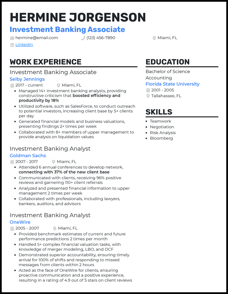 Investment banking associate resume example with 6+ years experience