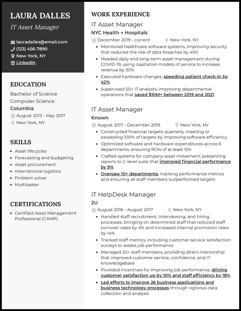 Formal it asset management resume example with 5+ years experience