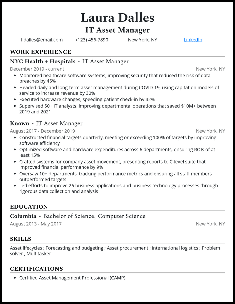 Elegant it asset management resume example with 5+ years experience