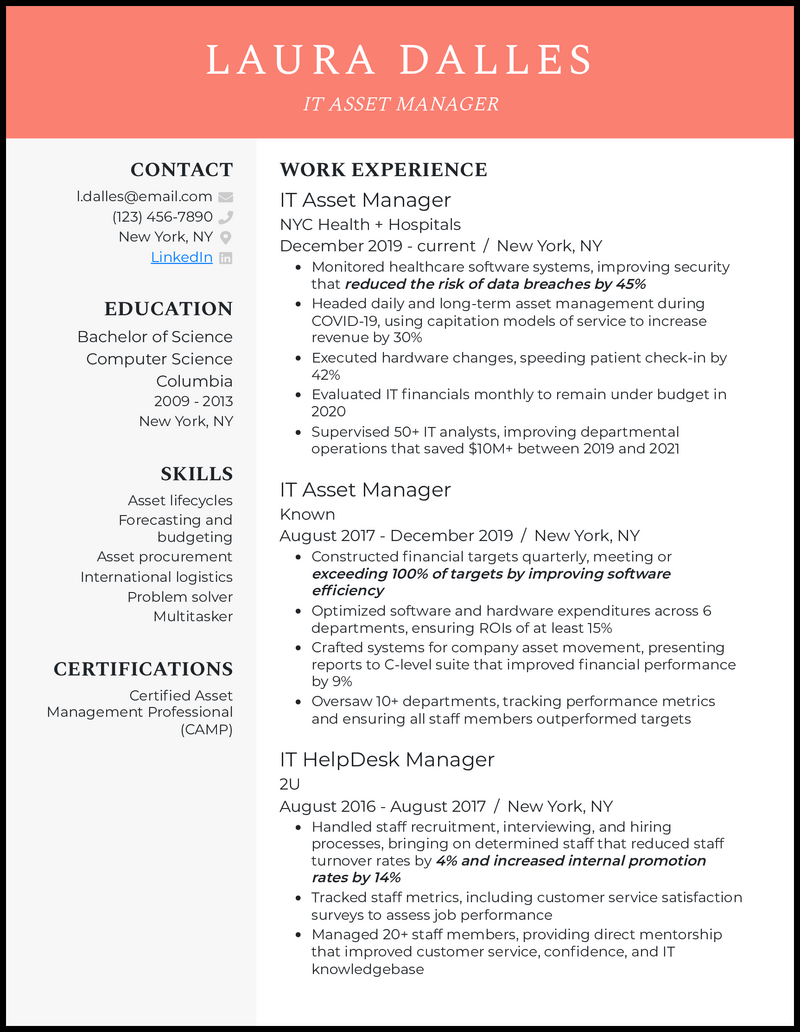 It asset manager resume example with 6 years of experience