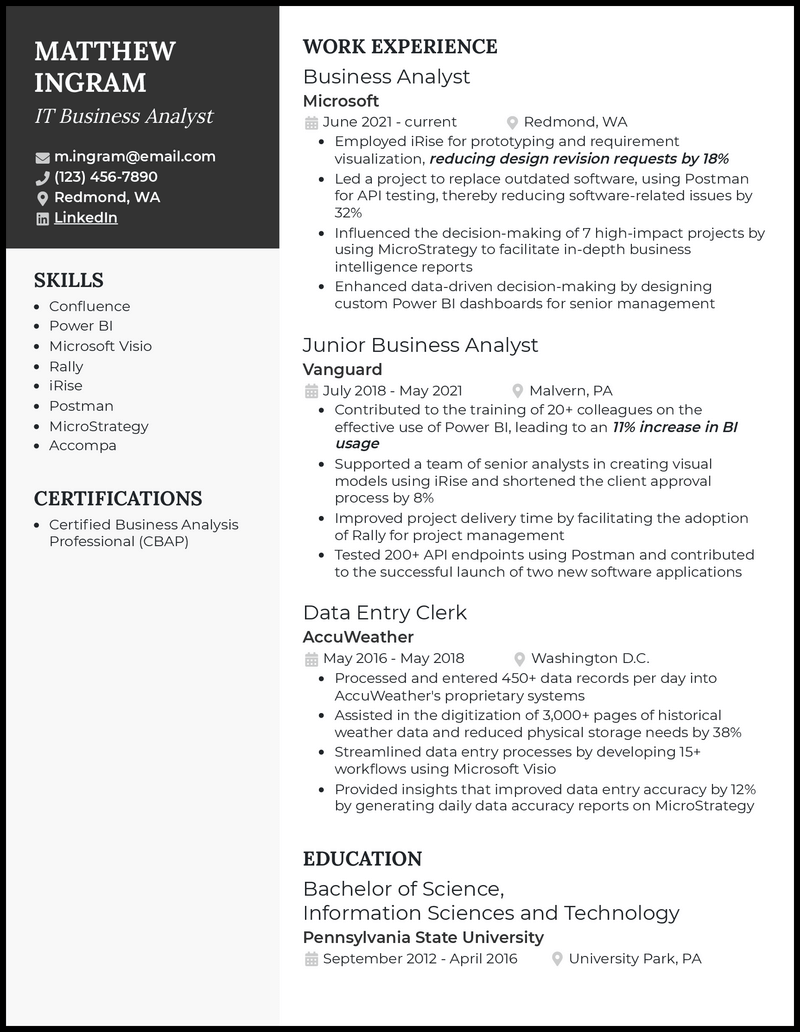 It business analyst resume example with 7+ years experience