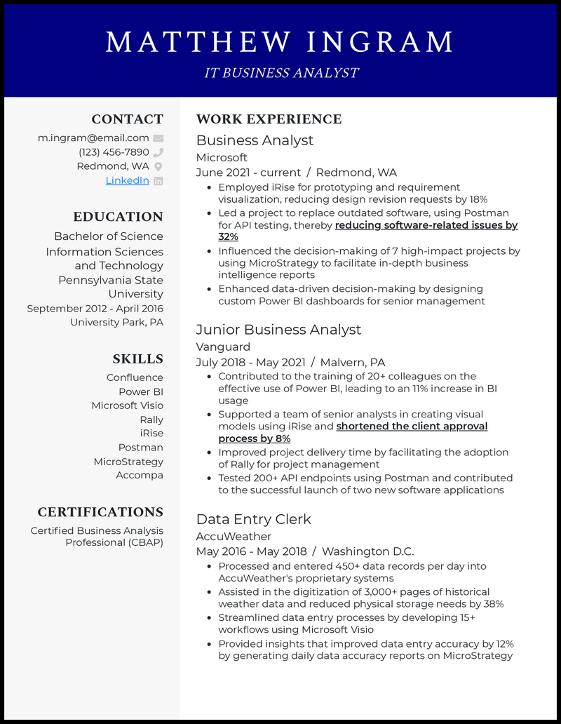 Professional it business analyst resume example with 7+ years experience