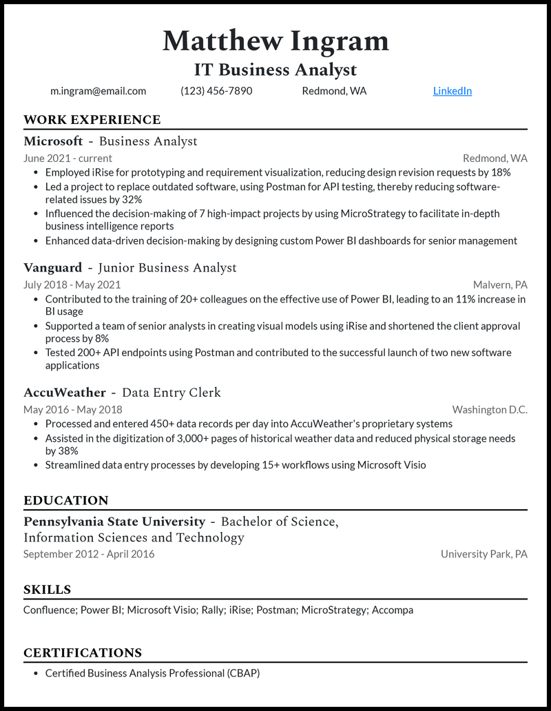 Formal it business analyst resume example with 7+ years experience