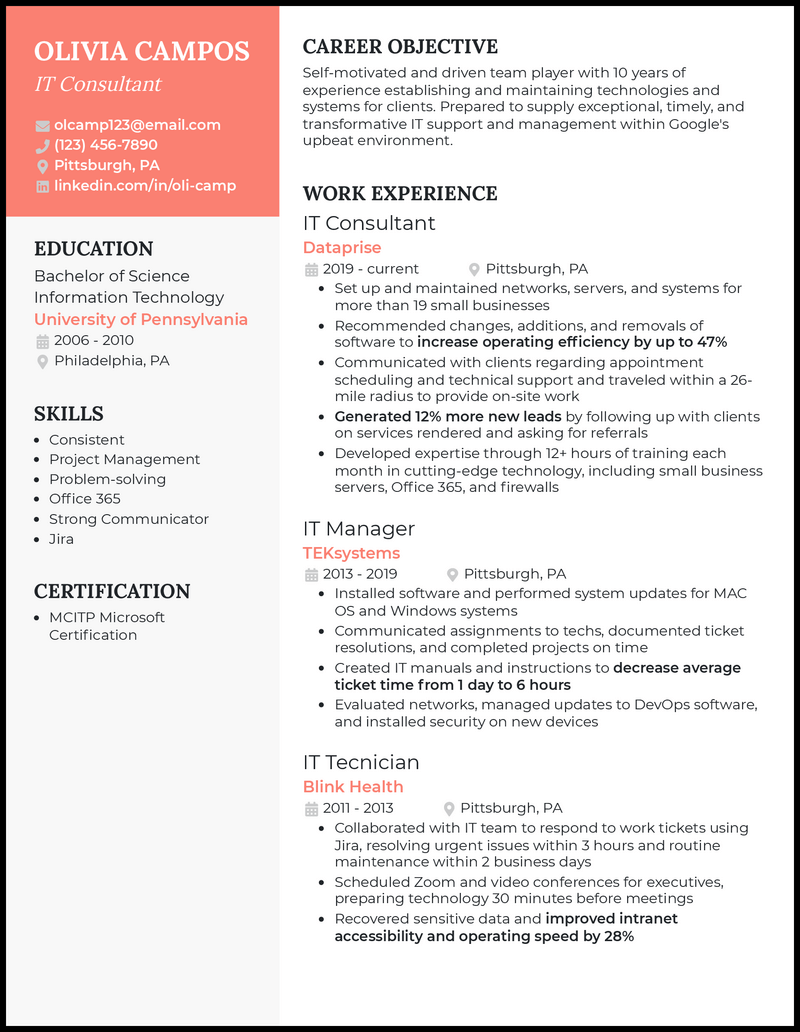 It consultant resume example with 5 years of experience