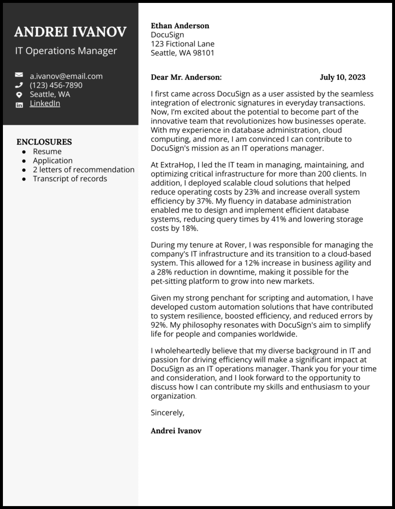 IT operations manager cover letter template