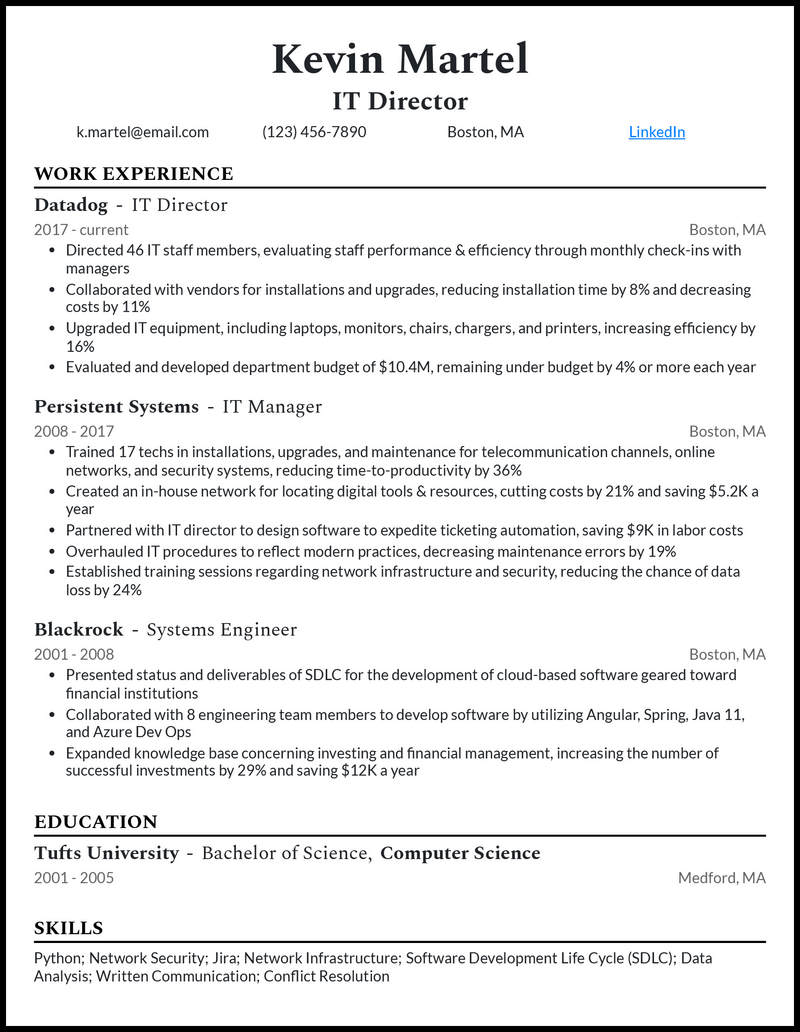 Formal it director resume example with 5+ years experience