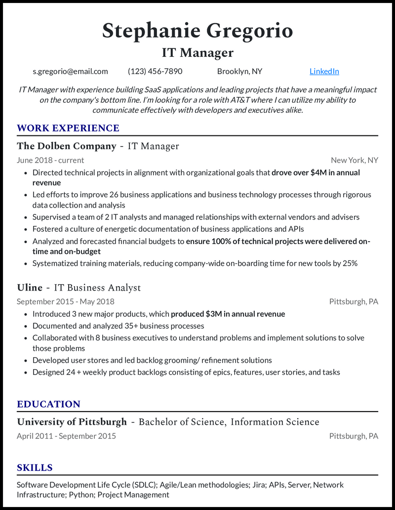 It manager resume example with 8 years of experience