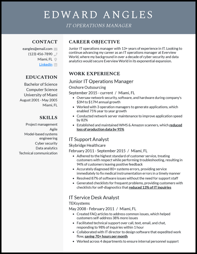 Modern it operations manager resume example with 8+ years experience