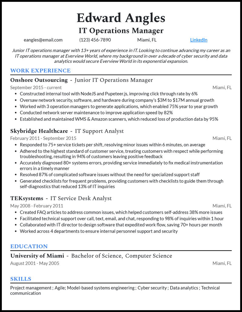 It operations manager resume example with 8+ years experience