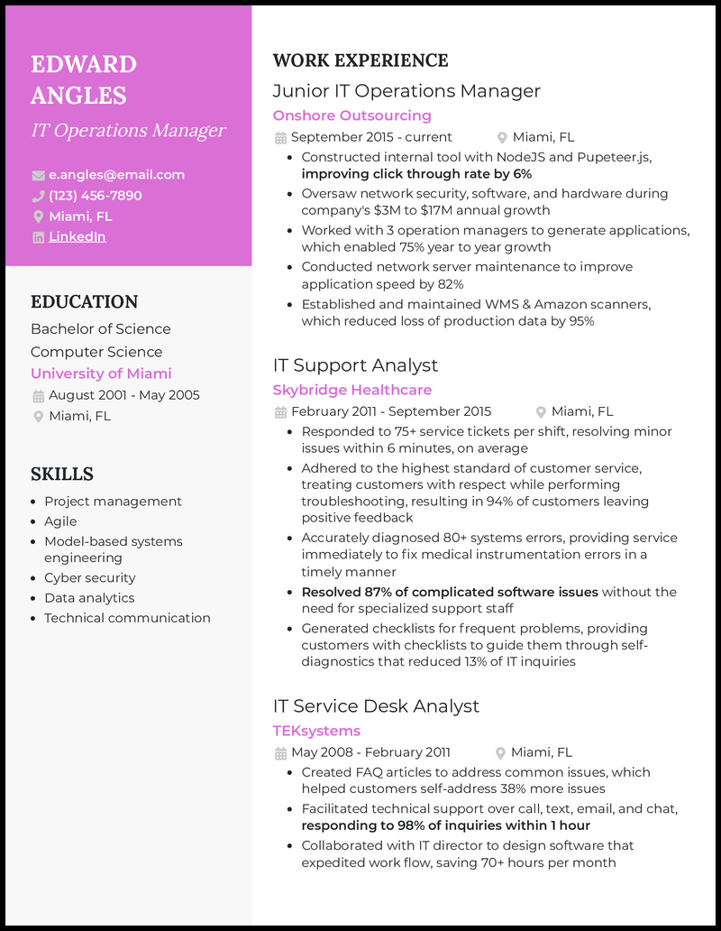 It operations manager resume example with 13 years of experience