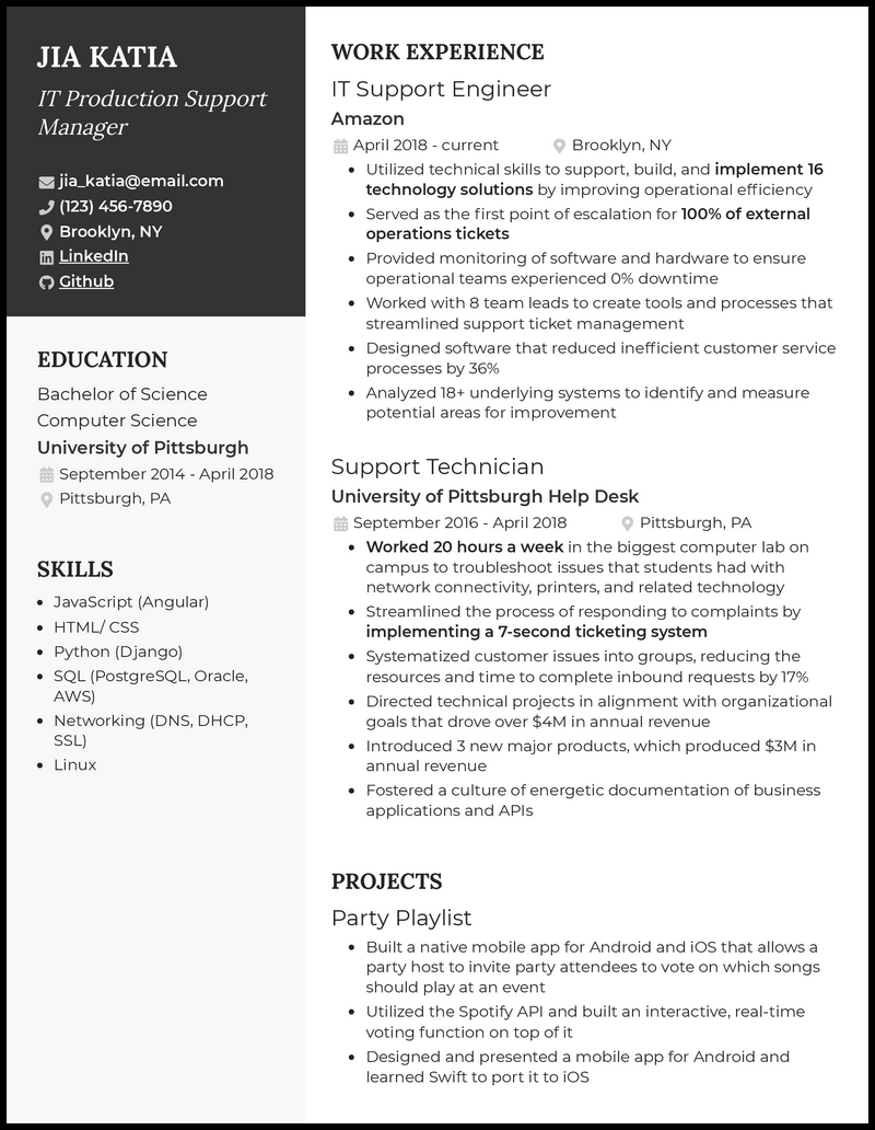 It production support manager resume example with 8+ years experience