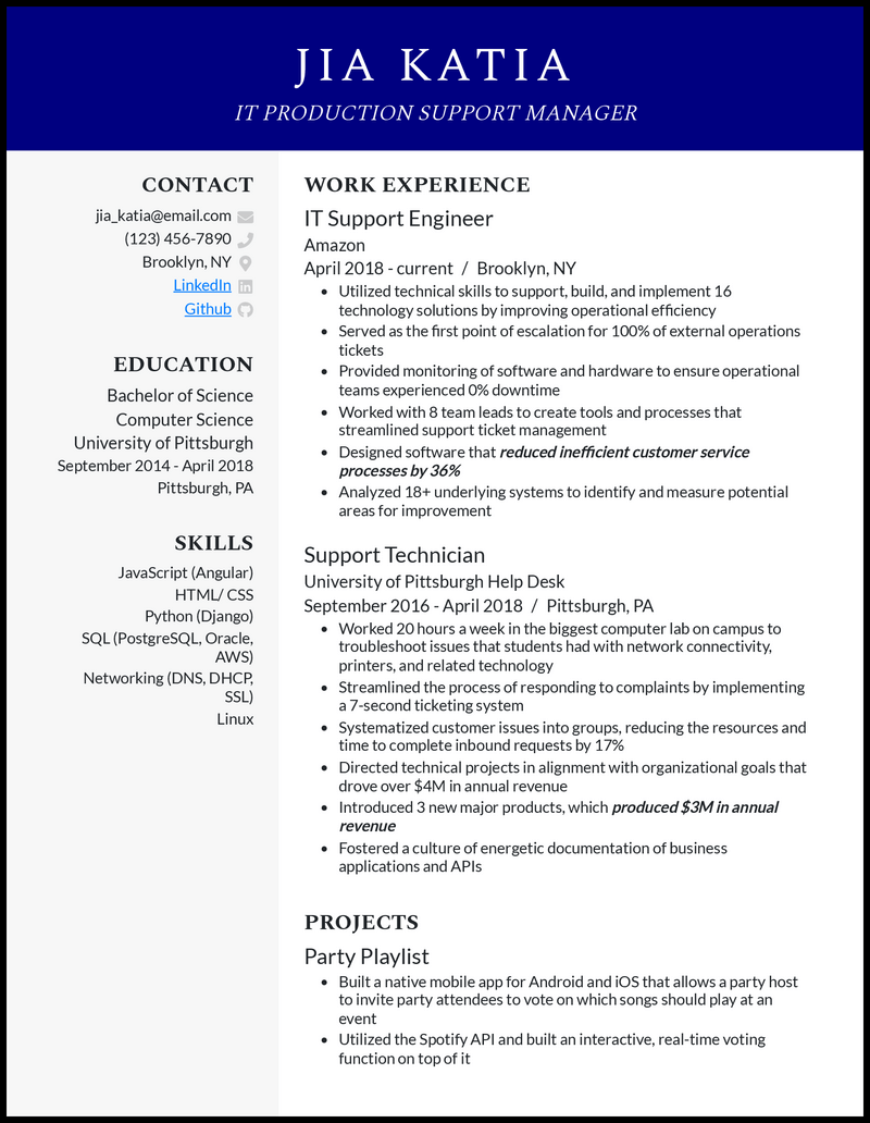 application production support manager resume