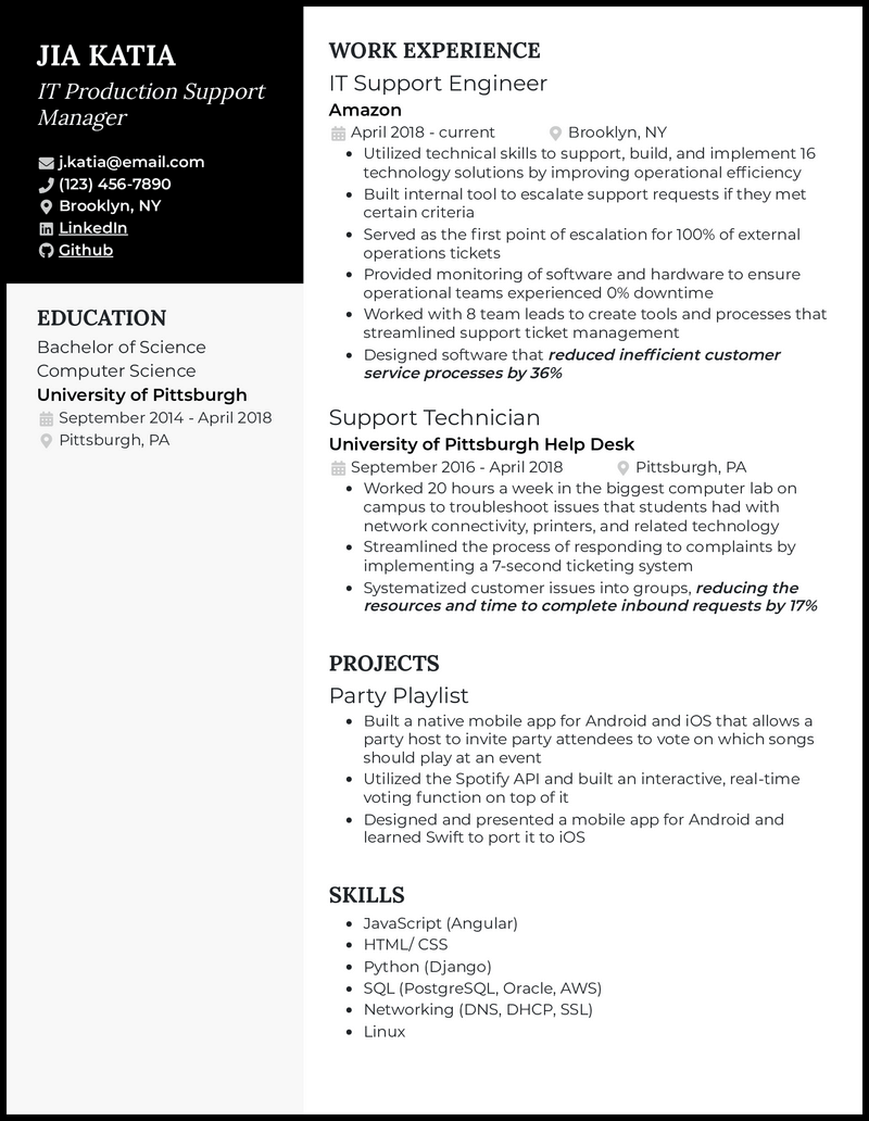 It production support manager resume example with 5 years of experience