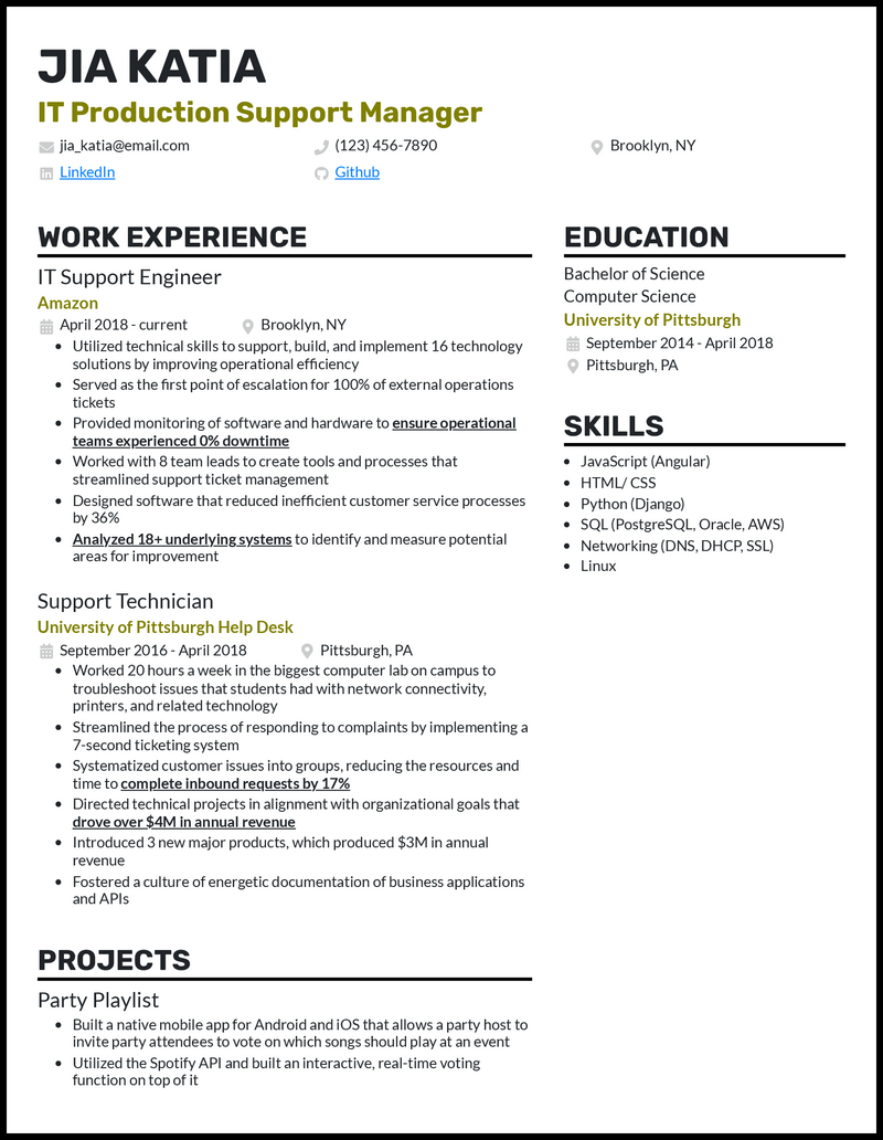 Professional it production support manager resume example with 8+ years experience