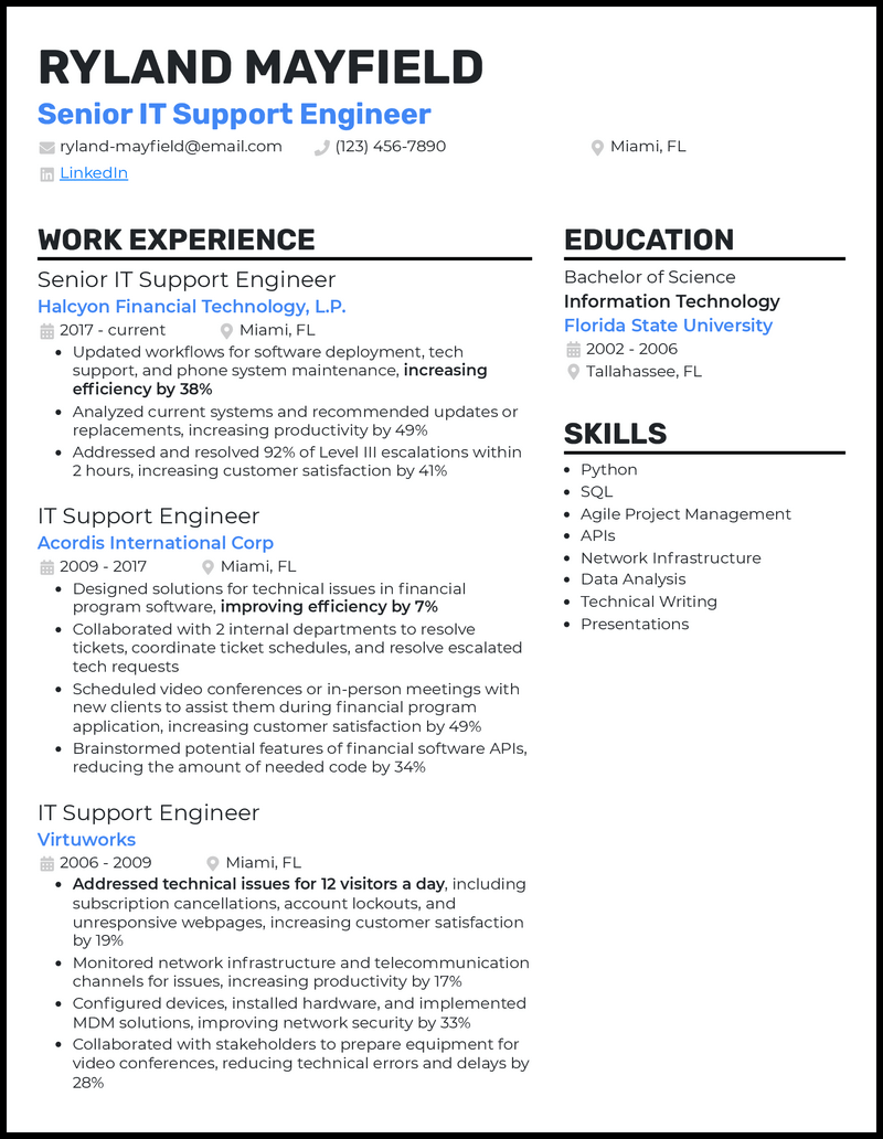 It professional resume example with 8+ years experience