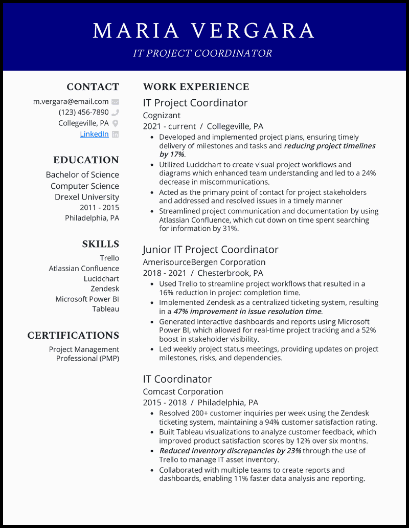 IT project coordinator  resume example with 10+ years of experience