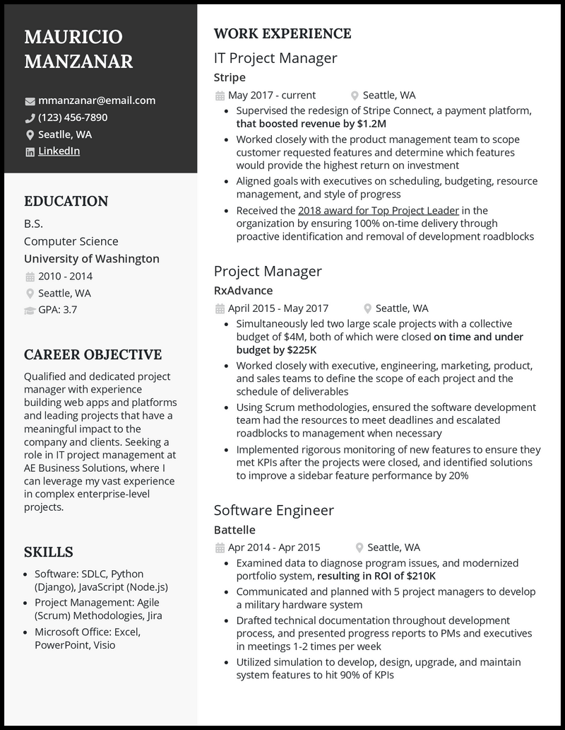 IT project manager resume example