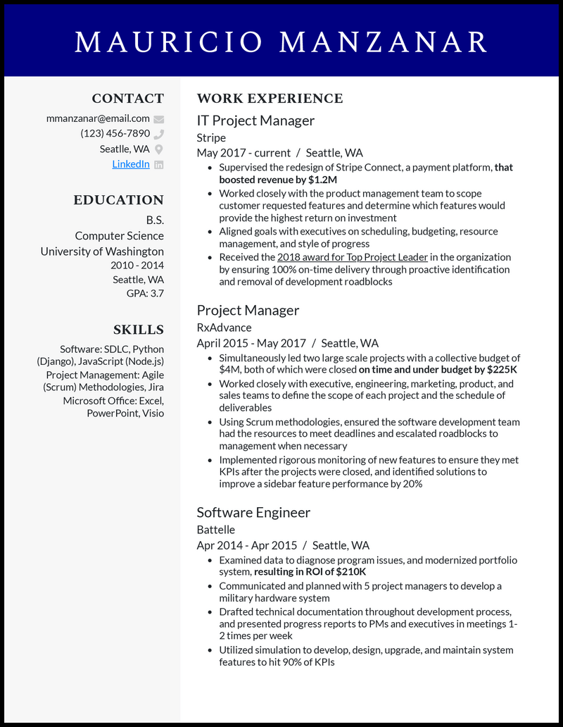 Modern IT project manager resume sample