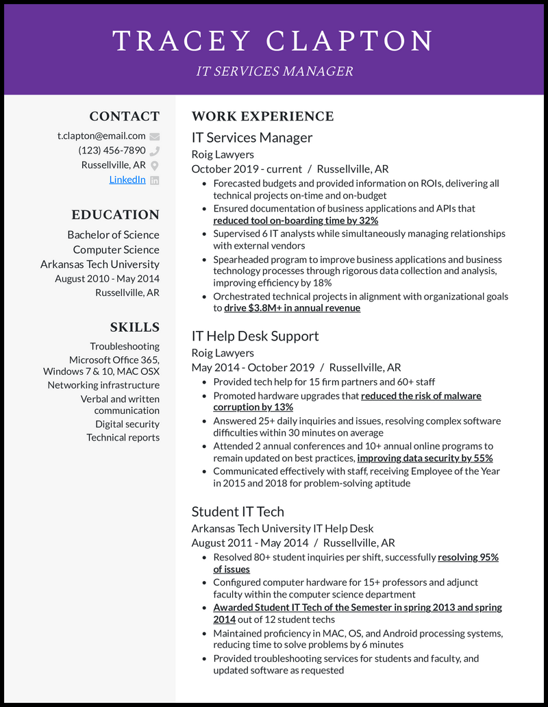 resume summary for it manager