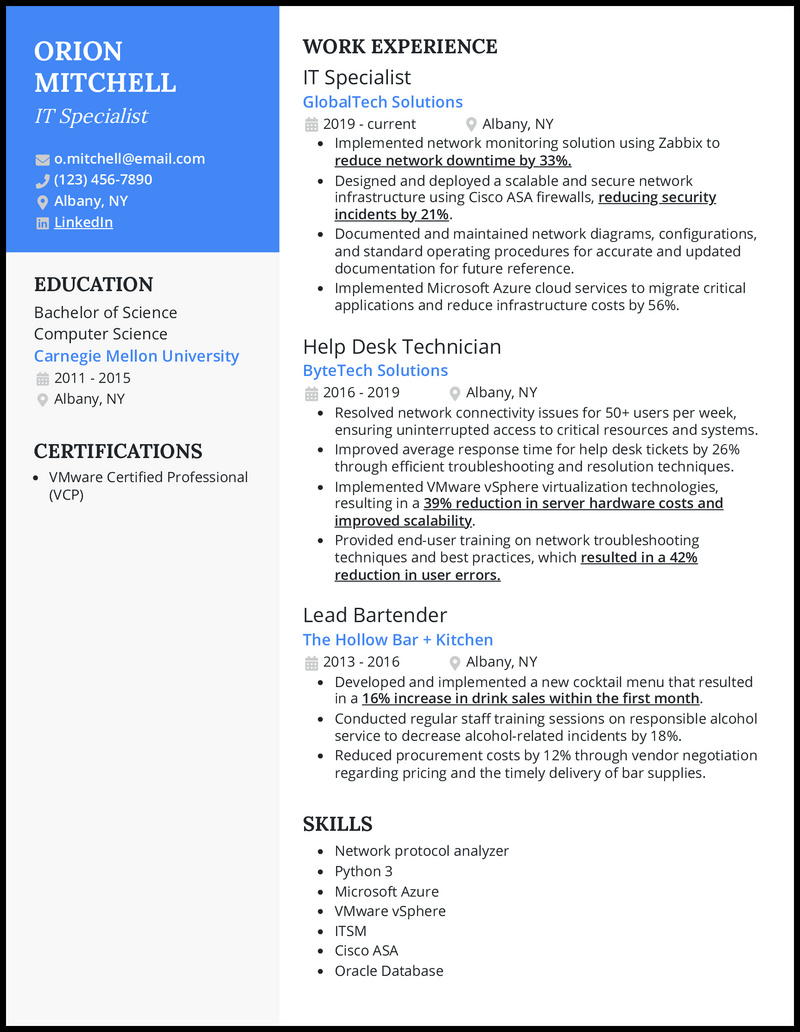 It specialist resume example with 8+ years experience