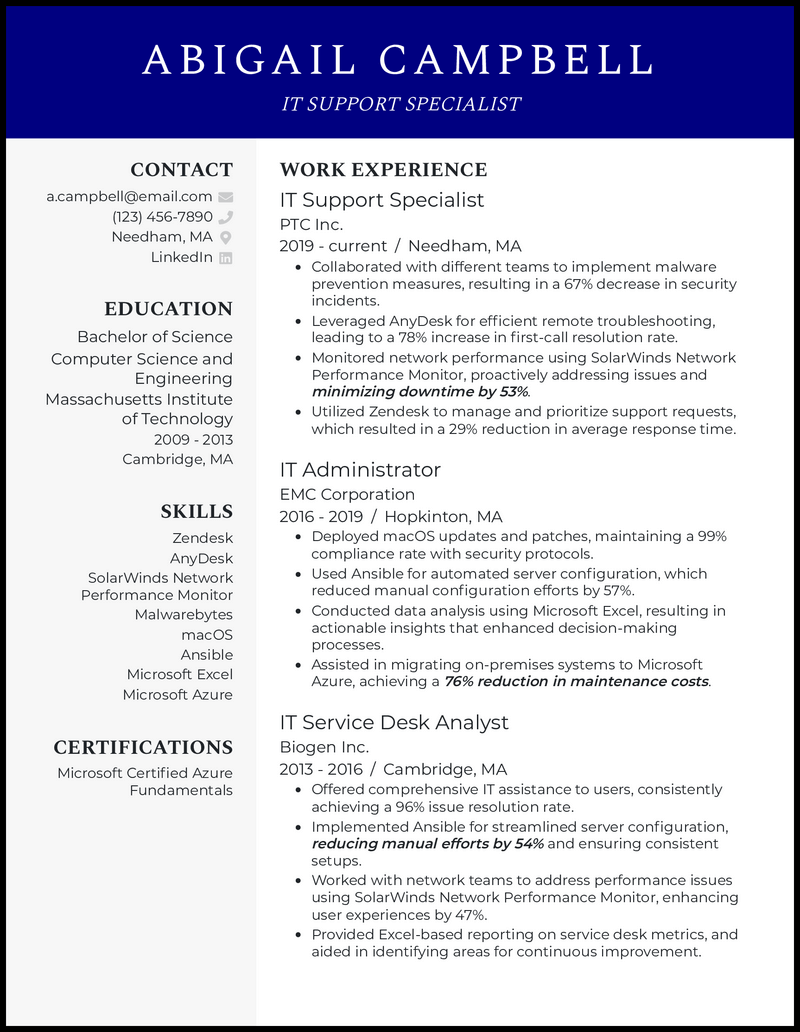 IT support specialist resume example with IT administration experience