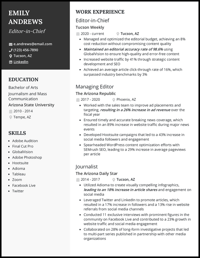 Journalist resume example with 9 years experience