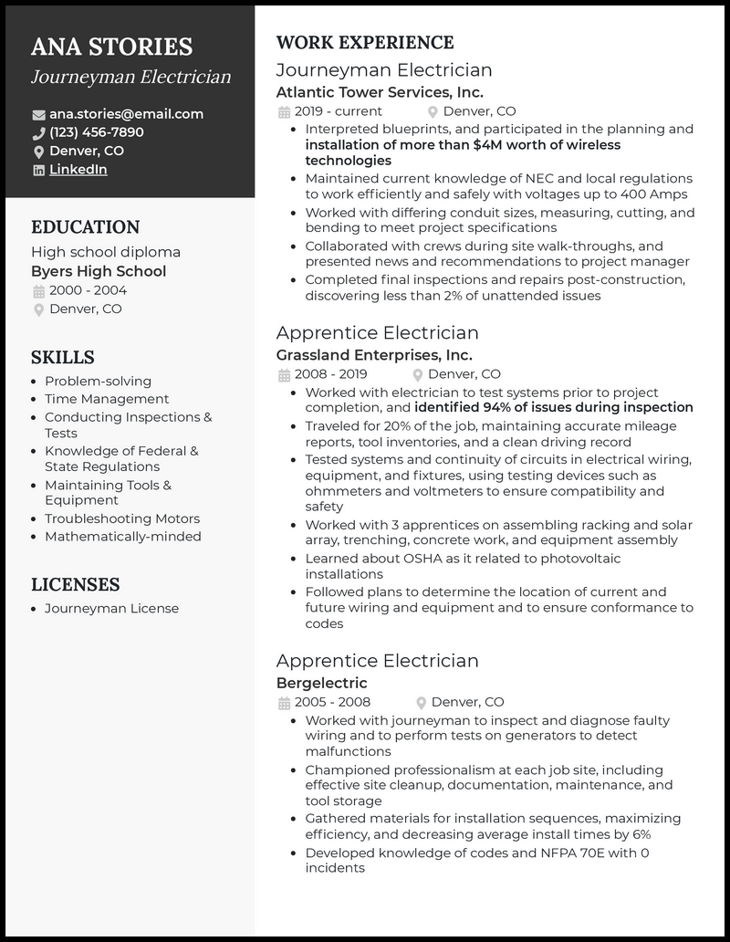 Journeyman electrician resume example with 10+ years of experience