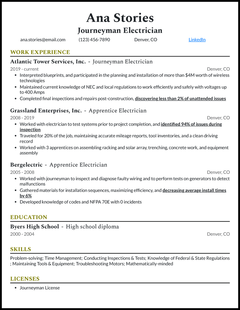 Journeyman electrician resume example with 11 years of experience