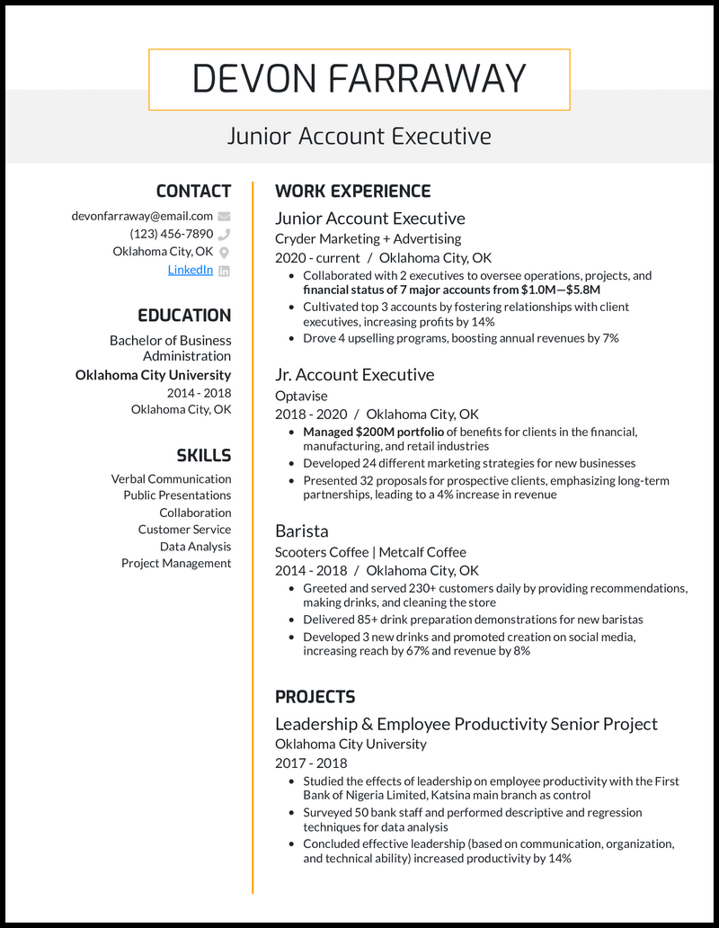 Junior account executive resume example with no experience