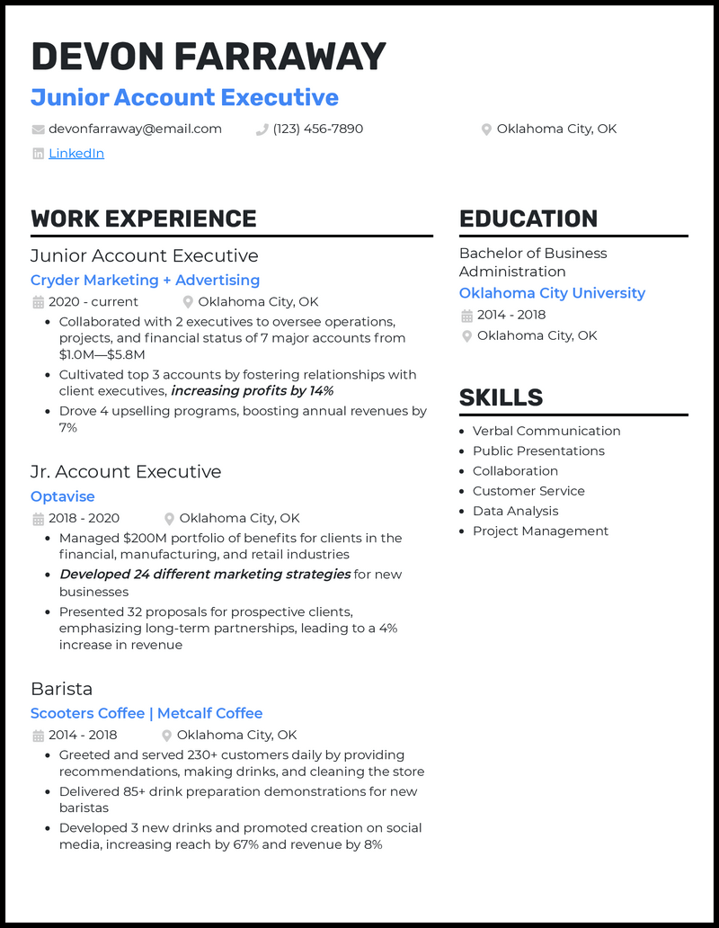 Modern junior account executive resume example