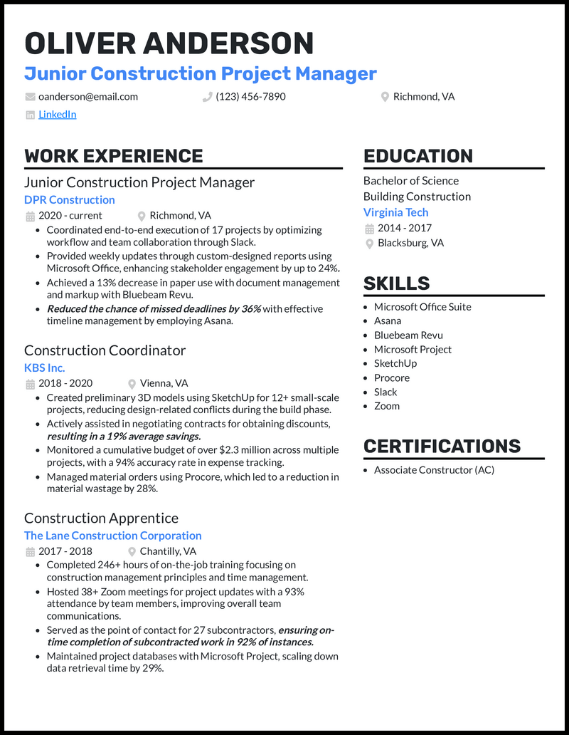 Junior construction project manager resume example with 6 years of experience