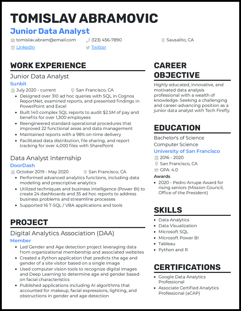 Standout junior data analyst resume example