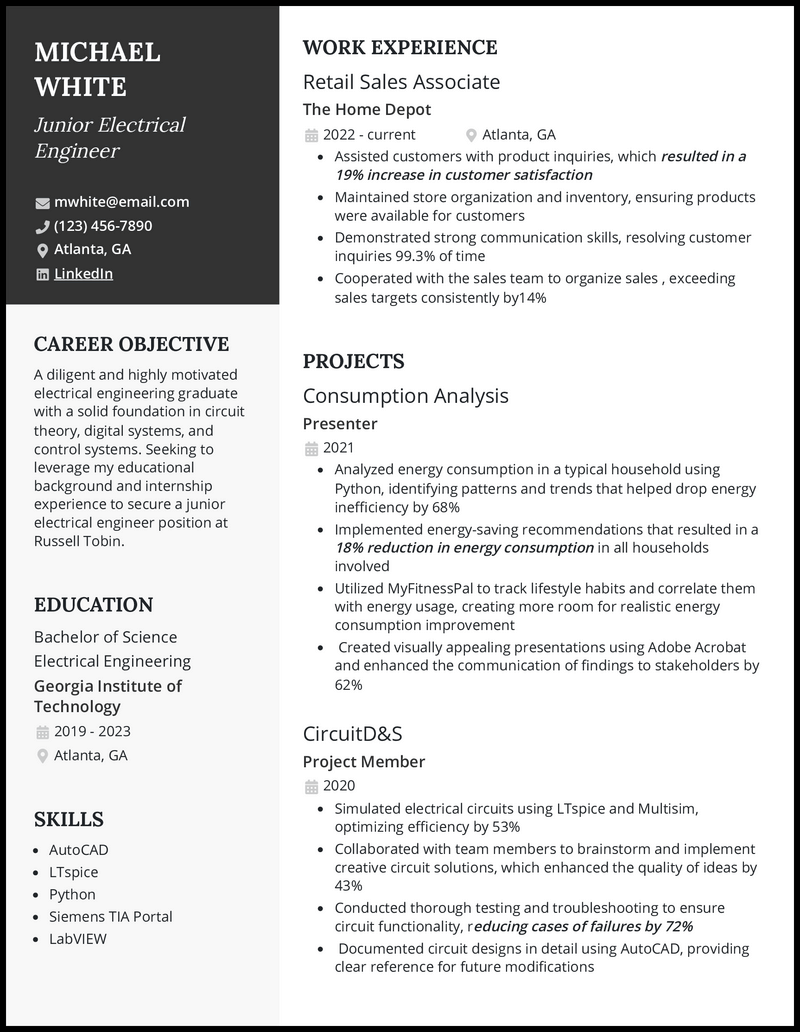 Junior electrical engineer resume example with project experience