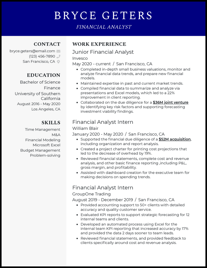 Professional junior financial analyst resume example