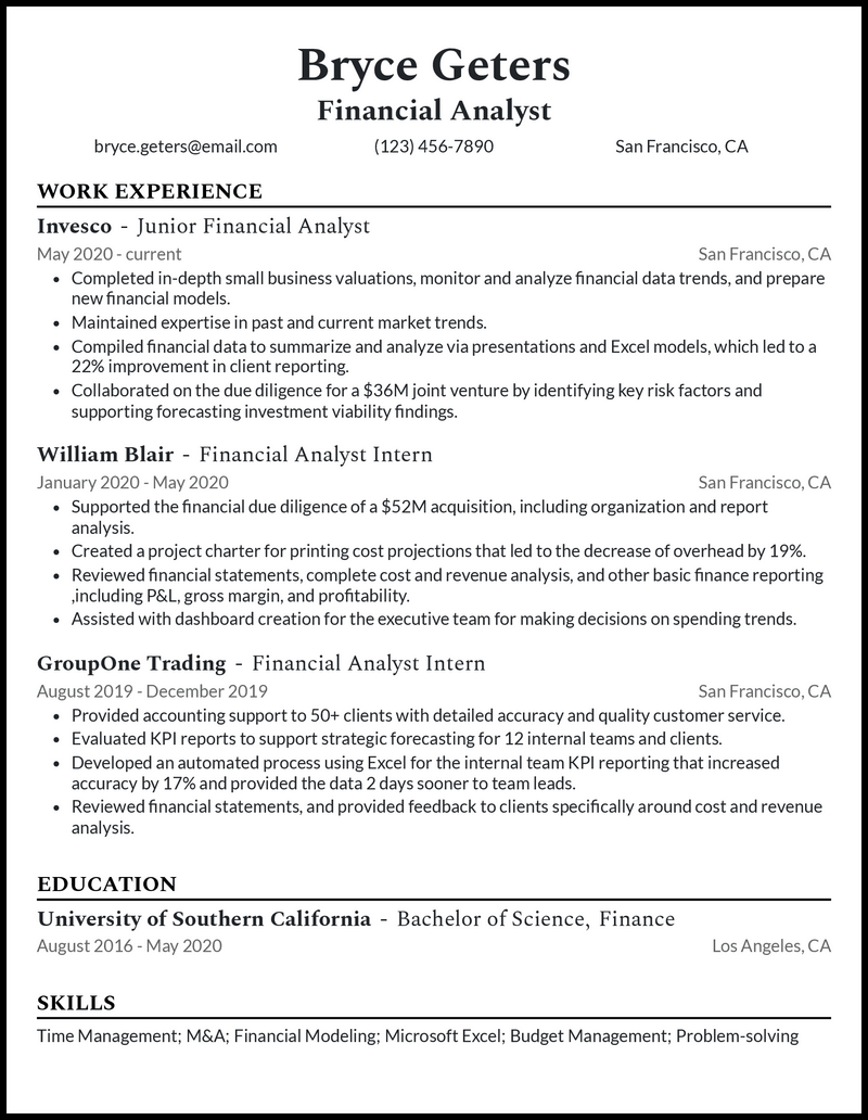 Formal junior financial analyst resume example