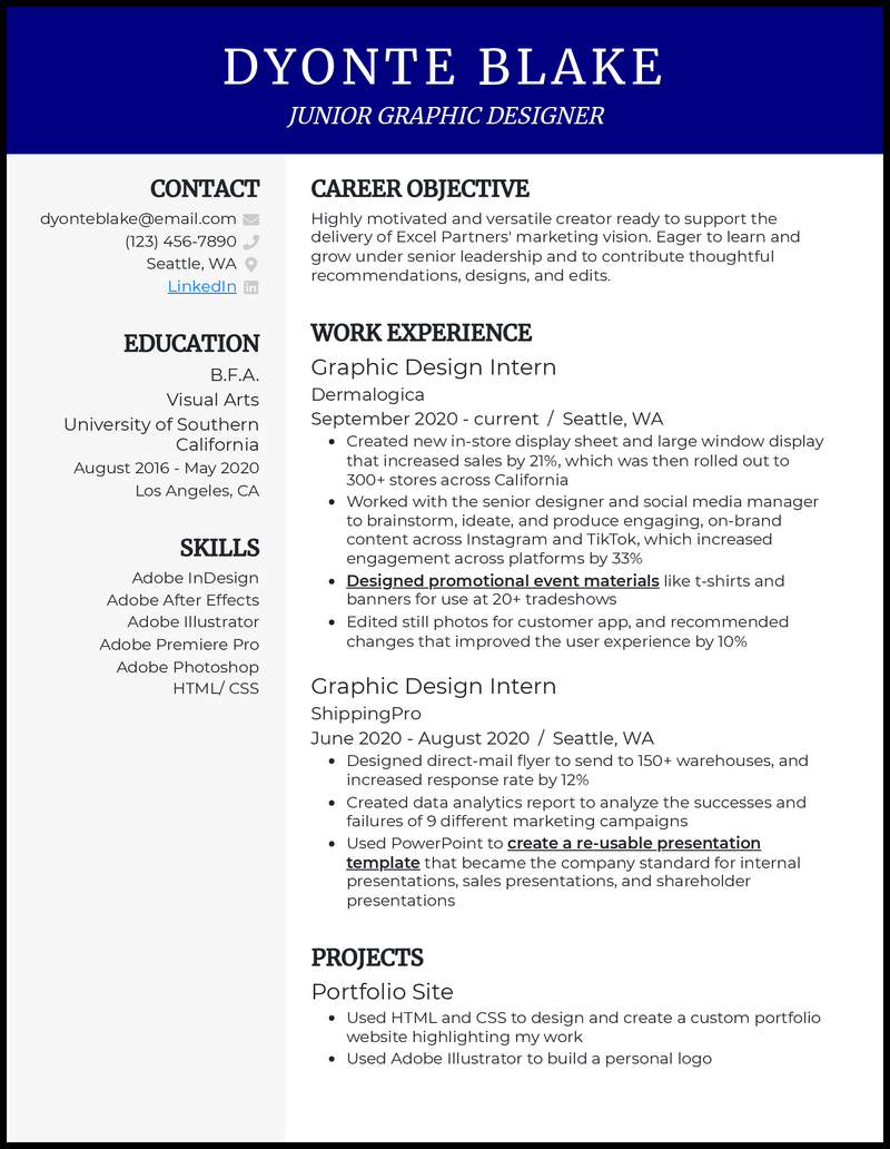 Professional junior graphic designer resume example