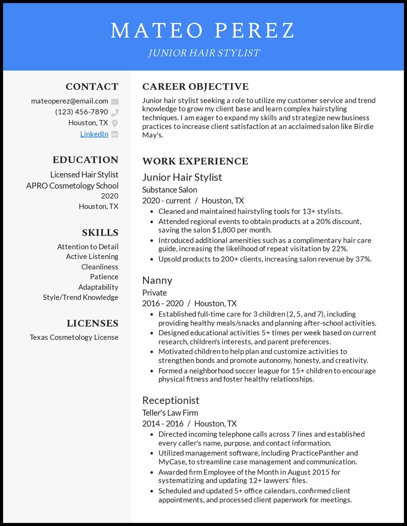 Junior hair stylist resume example with 3 years of experience