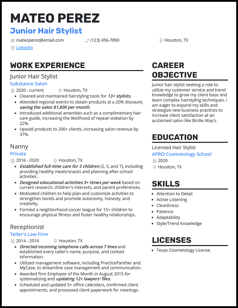 5 Junior Hair Stylist Resume Examples That Work in 2024