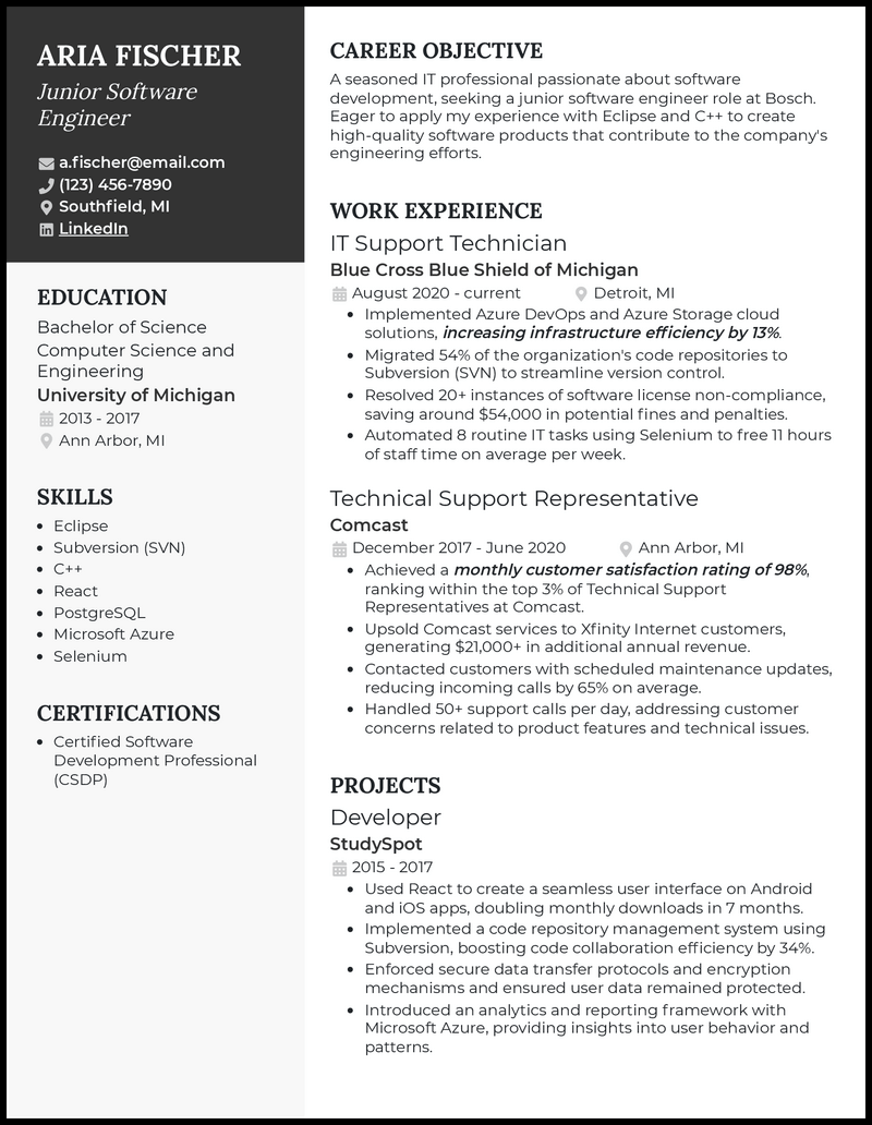 Junior software engineer resume example with technical support experience