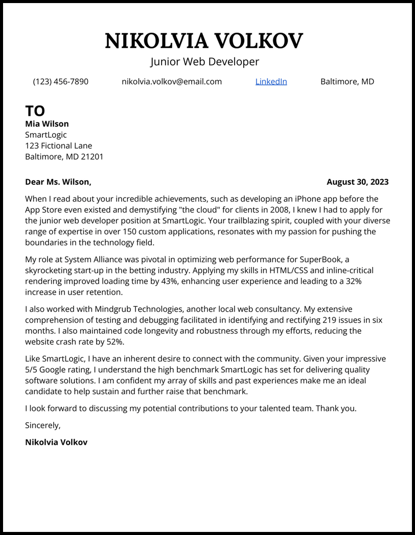 Junior Web Developer cover letter example