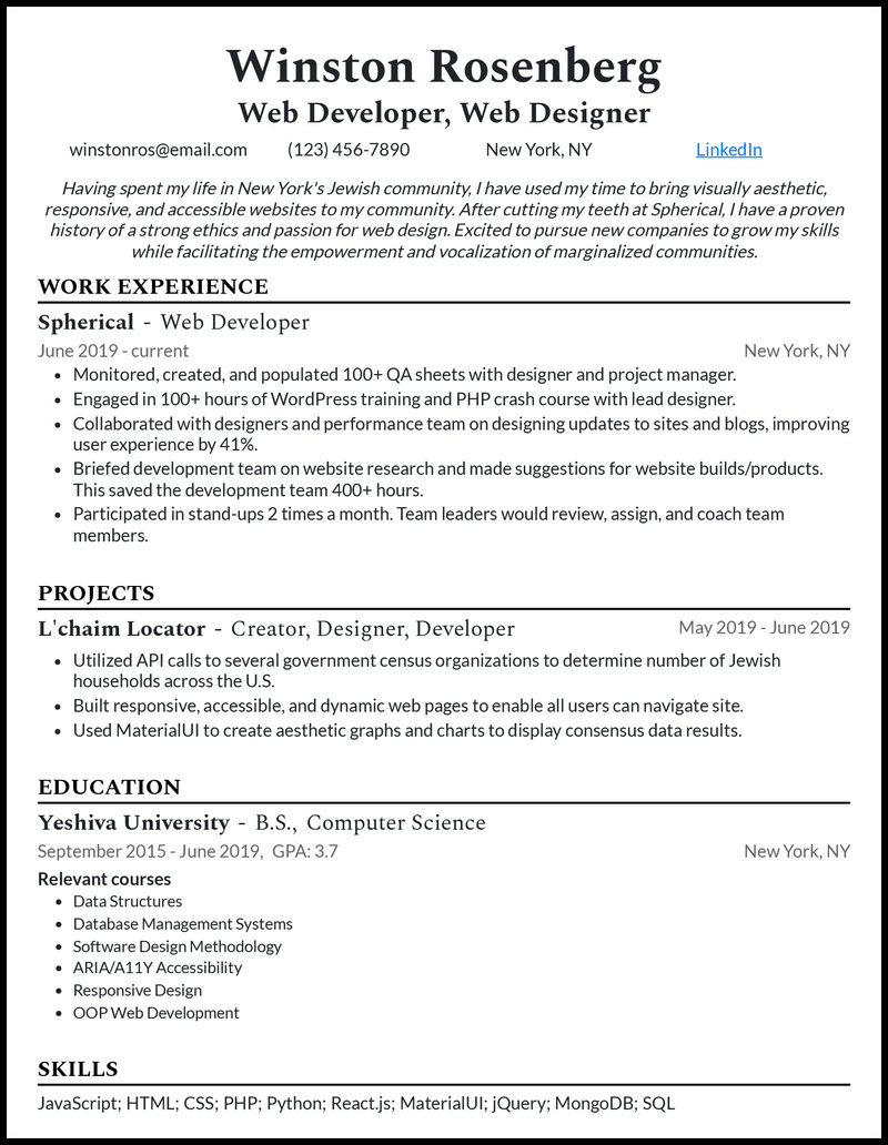 Formal junior web developer resume example