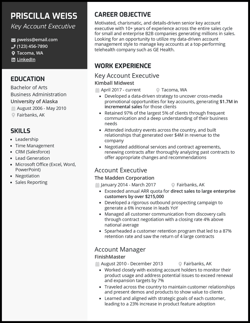 Key account executive resume example with 8+ years experience