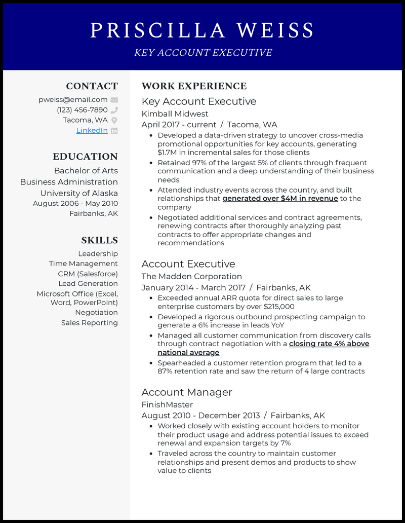 Elegant key account executive resume examplewith 8+ years experience